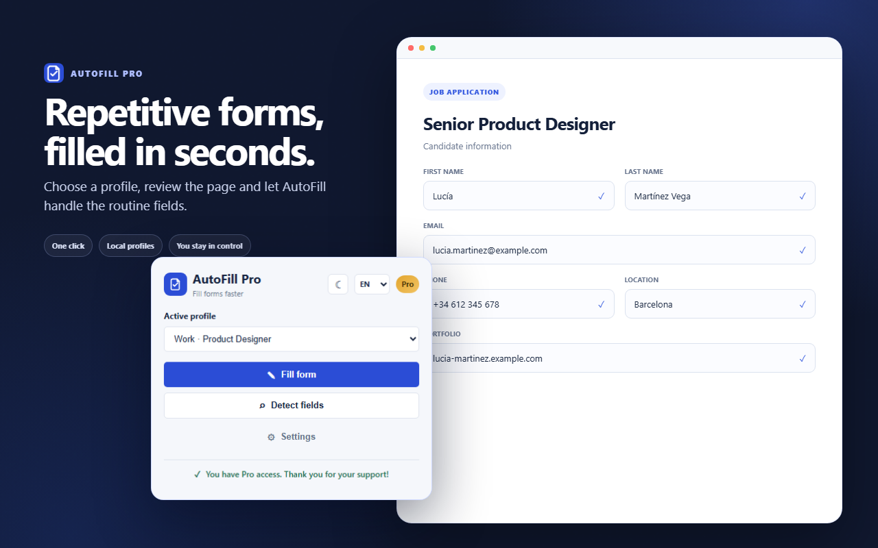AutoFill Pro filling a job application from a local profile