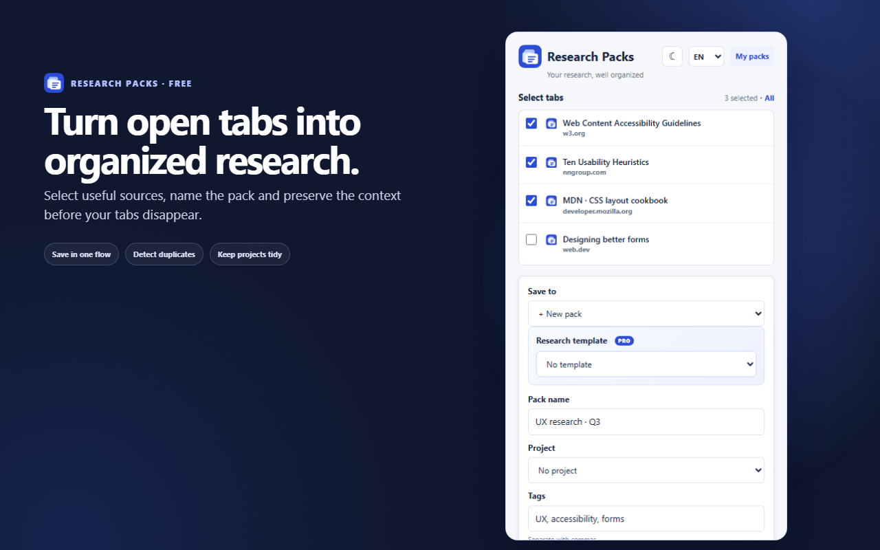 Research Packs saving selected browser tabs into a new research pack