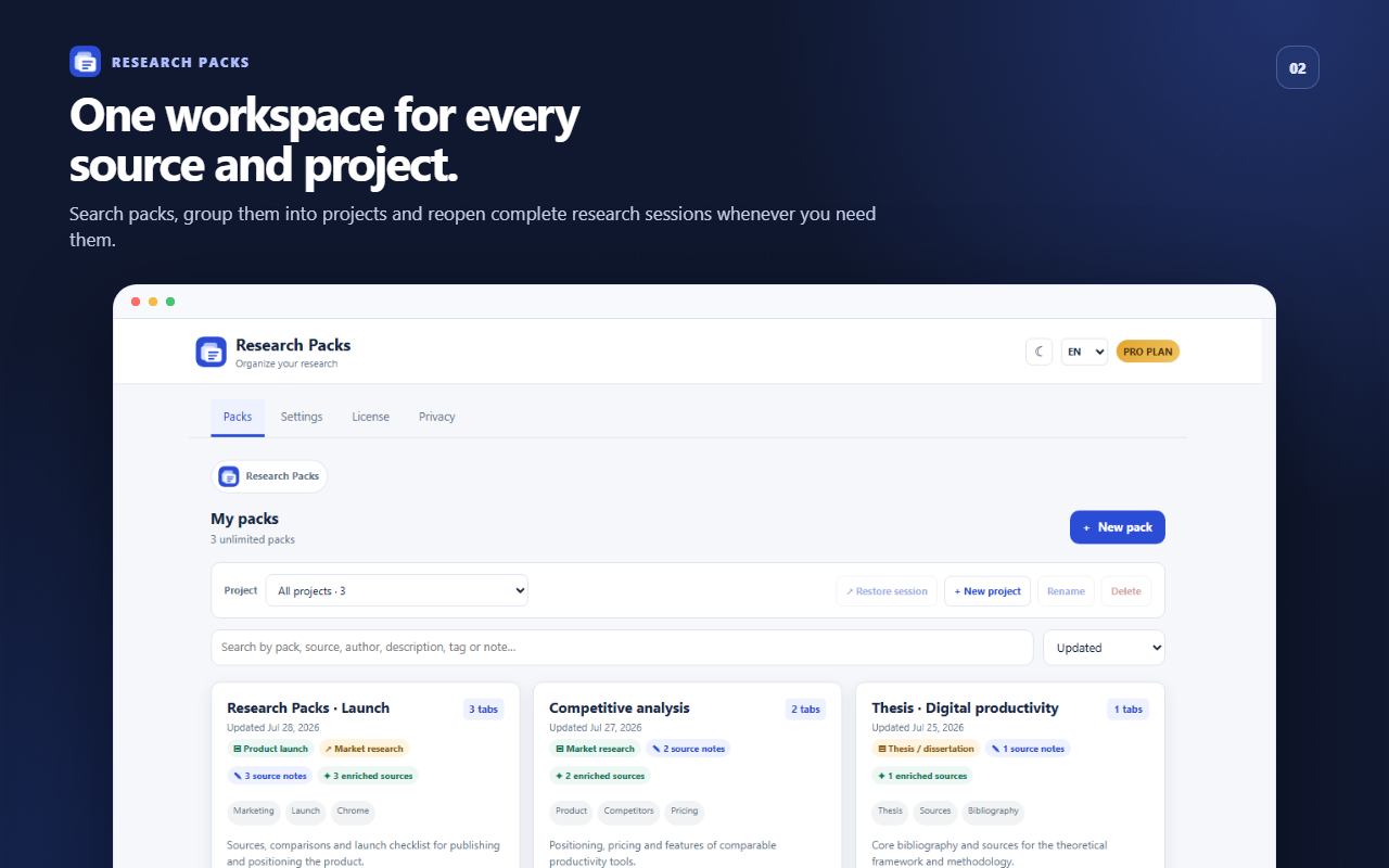 Research Packs workspace with projects and saved source packs