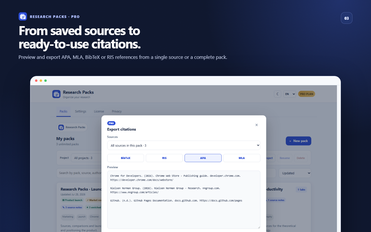 Exporting APA, MLA, BibTeX and RIS citations with Research Packs Pro