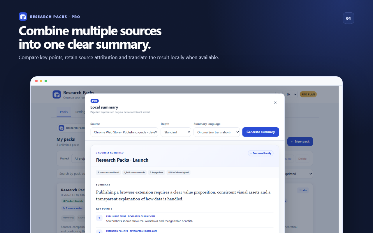 A local multi-source summary in Research Packs Pro